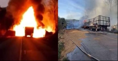 Carretas colidem e pegam fogo na BR-174; motorista de 70 anos morre